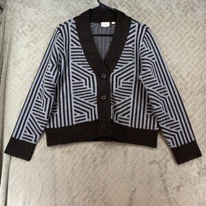 Cyrus Sweater Womens L Button Front Crop Cardigan Light Blue Brown Geometric